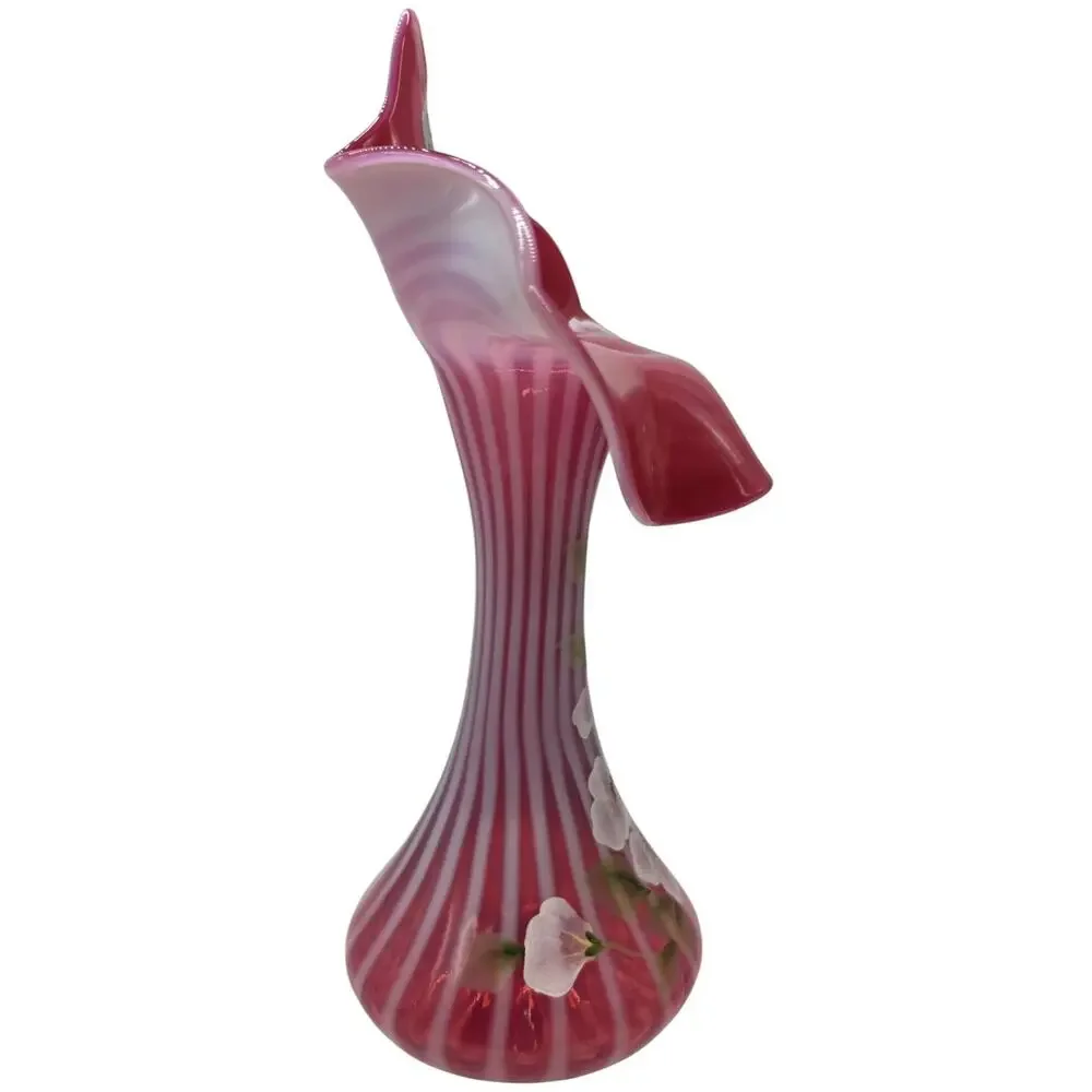 FENTON CRANBERRY OPAL RIBBED OPTIC DECORATED JIP VASE MUSEUM COLL SIGNED